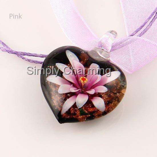 Handcrafted Glass Heart Pendant with Pink 3D Flower Set Inside The Glass - STUNNING !