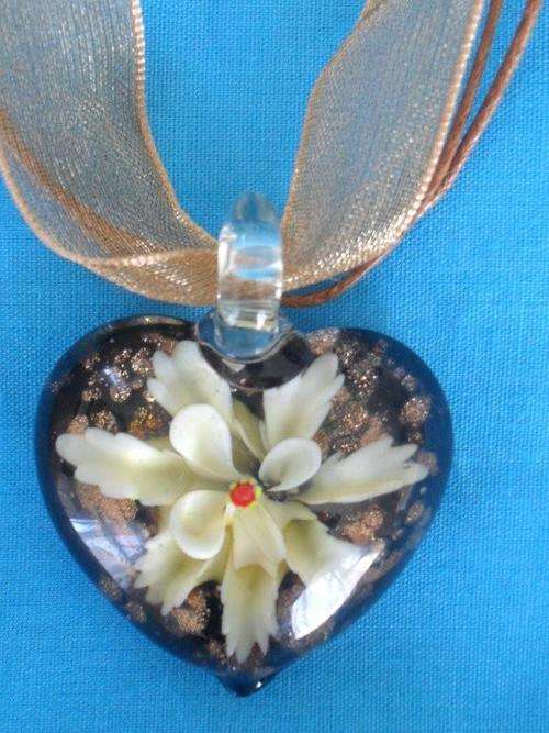 Handcrafted Glass Heart Pendant with Pale Yellow 3D Flower Set Inside The Glass - STUNNING !