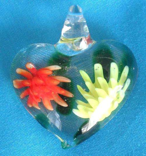 Glass Heart Pendant with Red & Yellow 3D Flowers Set Inside The Glass - Handcrafted - UNIQUE !!
