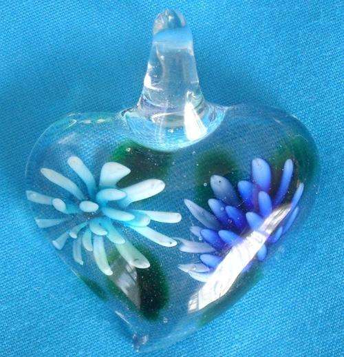 Glass Heart Pendant with Light & Dark Blue 3D Flowers Set Inside The Glass - Handcarfted - UNIQUE!!