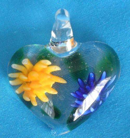 Glass Heart Pendant with Yellow & Navy Blue 3D Flowers Set Inside The Glass - Handcarfted - UNIQUE!!