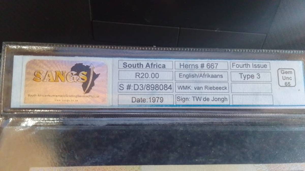 TW de Jongh - Graded 1979 South African R20 Note was sold for 600.00 on ...